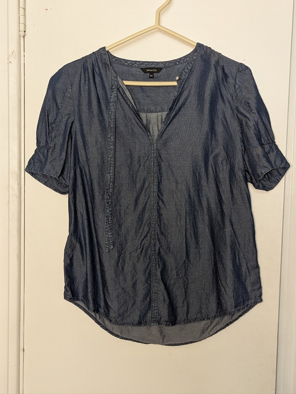 Lyocell Denim-Look Short Sleeve Peasant Blouse